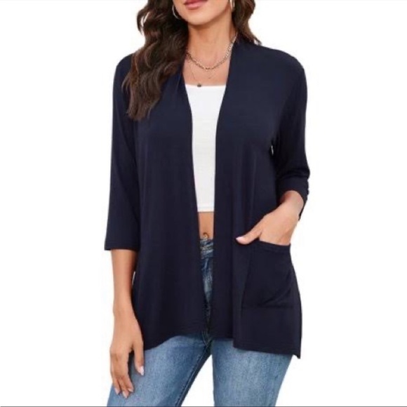 Misook Sweaters - Misook Womens Open Front Knit Cardigan Size L Navy Pockets Long Sleeves